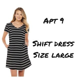 Apt. 9 Black & White Striped Short Sleeve V Neck Pockets Shift Dress Size Large